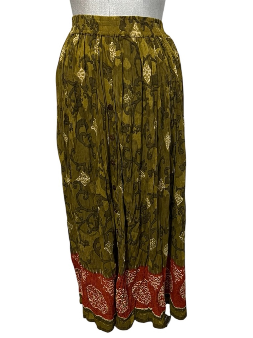 Advantage by Mary Jayne Olive Green/Red Printed Maxi Skirt Buttons Size M